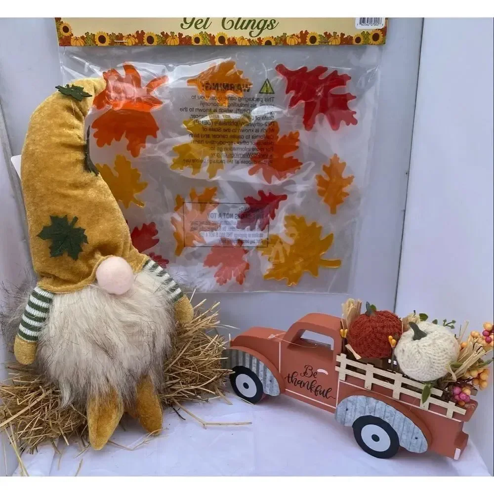 🍁 Fall Harvest Décor 3 Piece Bundle Gnome Plush LED, Be Thankful Truck & Leaf W